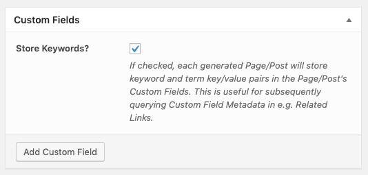 Page Generator Pro: Generate: Content: Custom Fields: Store Keywords