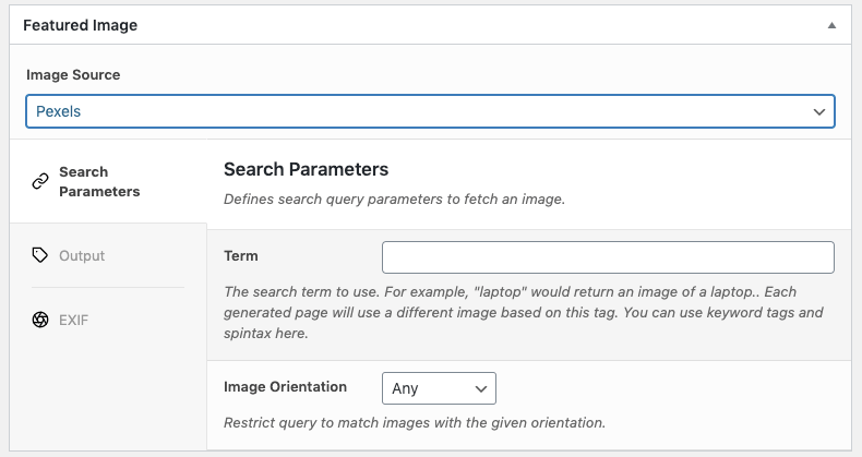 Page Generator Pro: Generate: Content: Featured Image: Search Parameters: Pexels