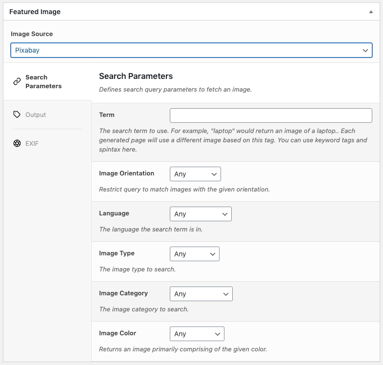Page Generator Pro: Generate: Content: Featured Image: Search Parameters: Pixabay