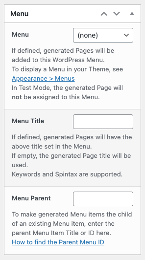 Page Generator Pro: Generate: Content: Menu