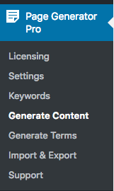 Page Generator Pro: Generate Content: Menu