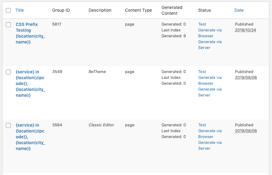 Page Generator Pro: Generate: Run and Actions: Table