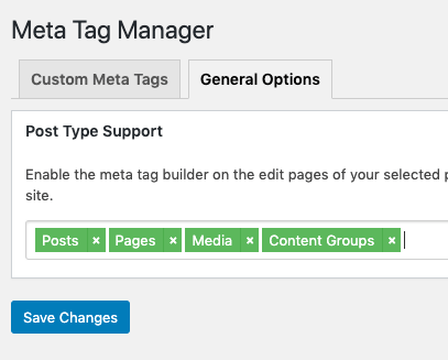 Page Generator Pro: Generate: SEO integration: Meta Tag Manager: Settings: Post Type Support