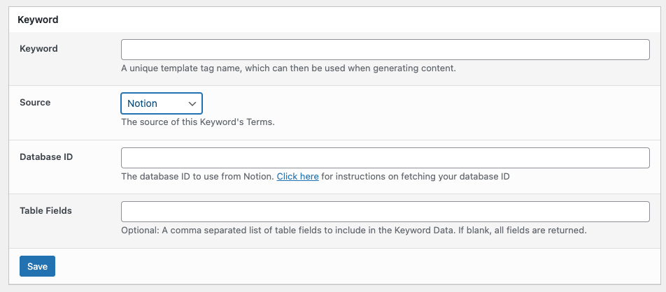 Page Generator Pro: Keywords: Source: Notion