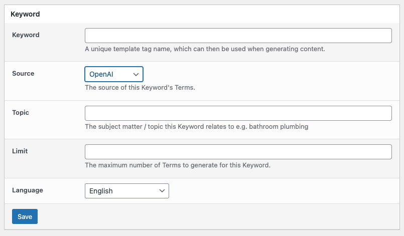 Page Generator Pro: Keyword Source: OpenAI