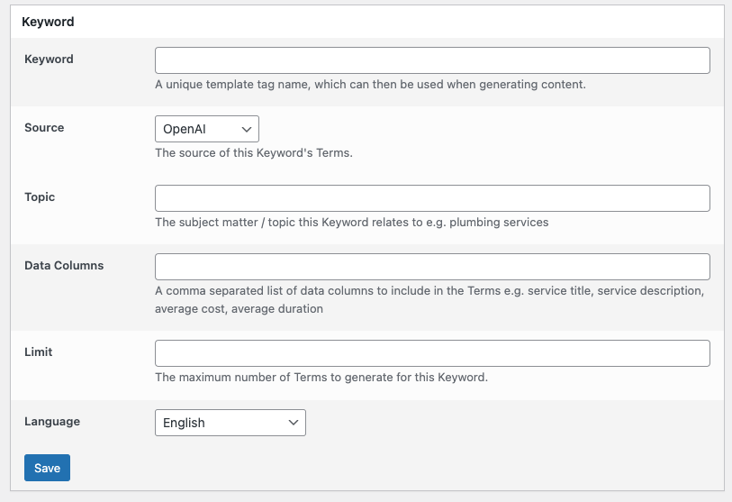 Page Generator Pro: Keywords: AI