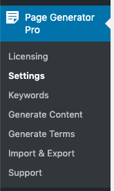 Page Generator Pro: Settings Menu