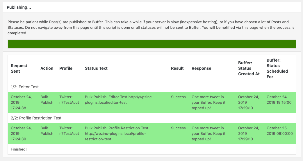 WordPress to Buffer Pro: Bulk Publish: Log