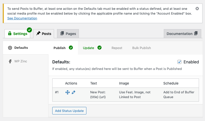 WordPress to Buffer Pro: Profiles connected, but not enabled