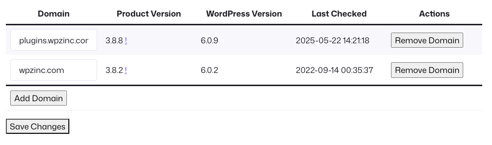 WP Zinc: Account: License: Manage Domains