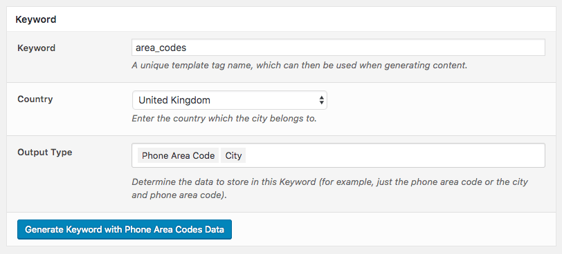 Page Generator Pro: Generate Phone Area Codes: Form