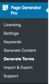 Page Generator Pro: Generate Terms: Menu