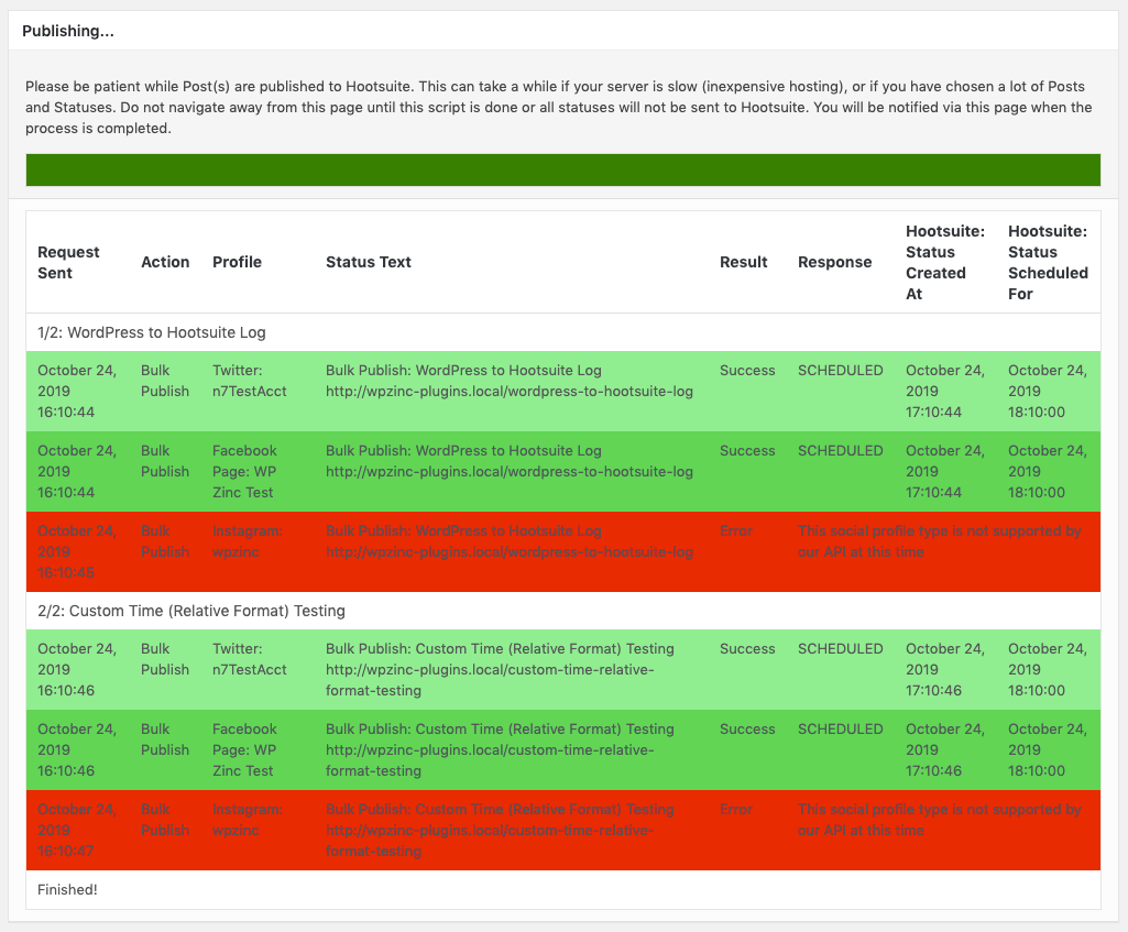 WordPress to Hootsuite Pro: Bulk Publish: Log