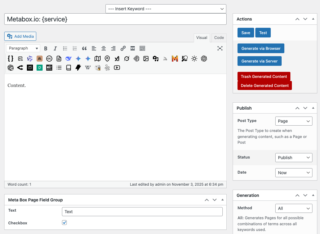 Page Generator Pro Metabox.io: Content Groups: Fields