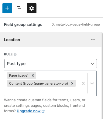 Page Generator Pro Metabox.io: Field Groups: Rule