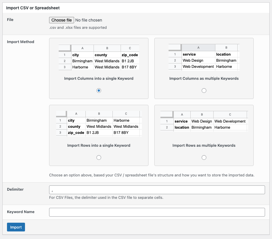 Page Generator Pro: Keywords: Import CSV or Spreadsheet: Form