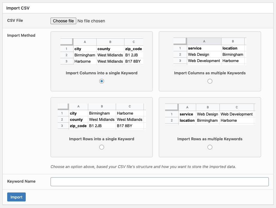 Page Generator Pro: Keywords: Import CSV