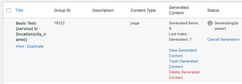 Page Generator Pro: Generate: Content: Status: Generating