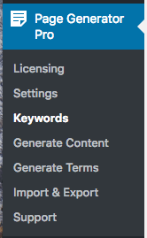 Page Generator Pro: Keywords Menu