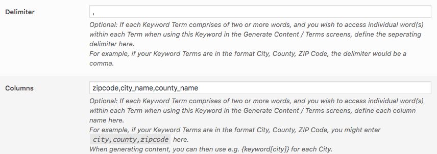 Page Generator Pro: Tutorial: Location Keyword Column Names