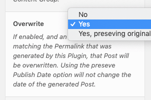 Page Generator Pro: Tutorial: Content Group: Overwrite