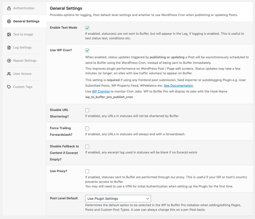 WordPress to Buffer Pro: General Settings