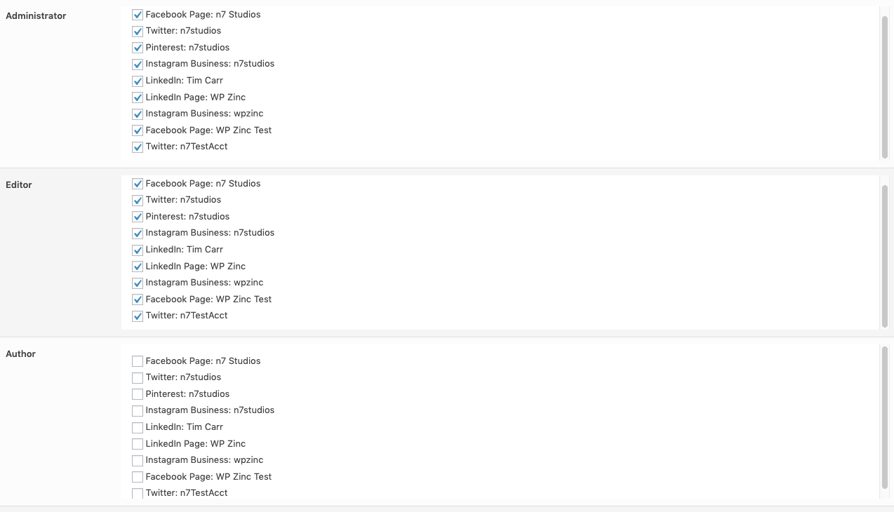 WordPress to SocialPilot Pro: User Access: Enable Specific Profiles: Example Settings