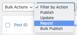 WordPress to Buffer Pro: Repost Settings: Filter Logs by Repost Action