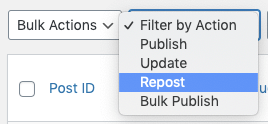 WordPress to Hootsuite Pro: Repost Settings: Filter Logs by Repost Action