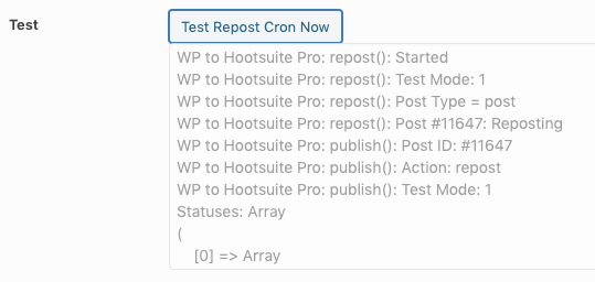WordPress to Hootsuite Pro: Repost Settings: Test Log