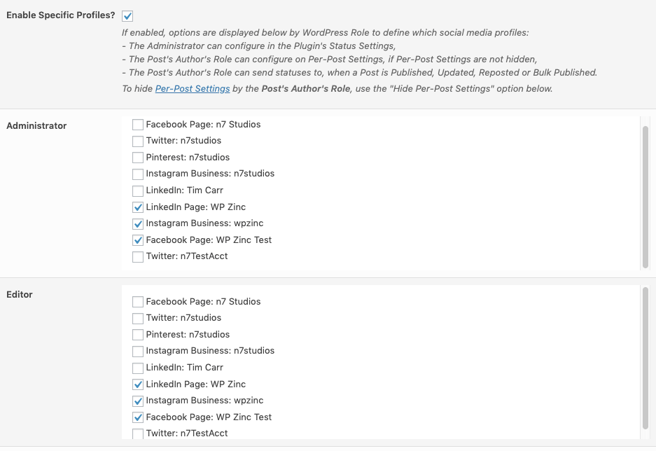 WordPress to SocialPilot Pro: User Access: Enable Specific Profiles: Example Settings