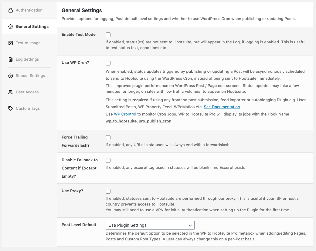 WordPress to Hootsuite Pro: General Settings