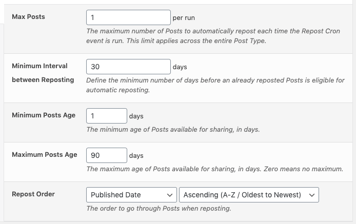 WordPress to Social: Repost Settings: Post Type