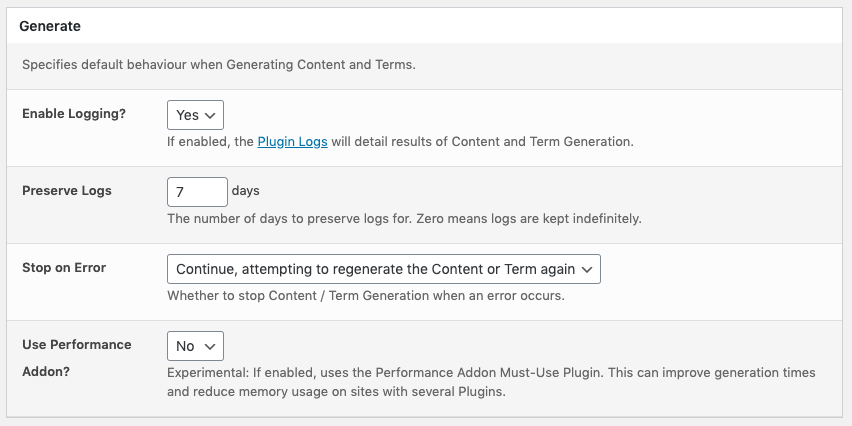 Page Generator Pro: Settings: Generate