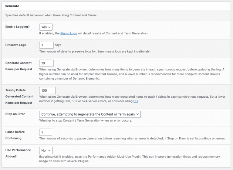 Settings Generate WP Zinc
