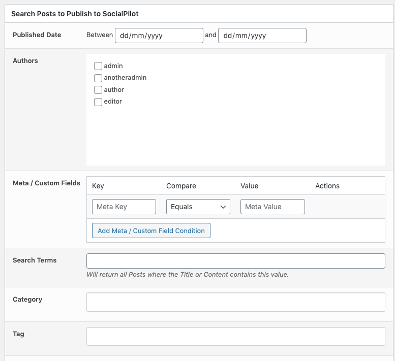 WordPress to SocialPilot Pro: Bulk Publish: Search