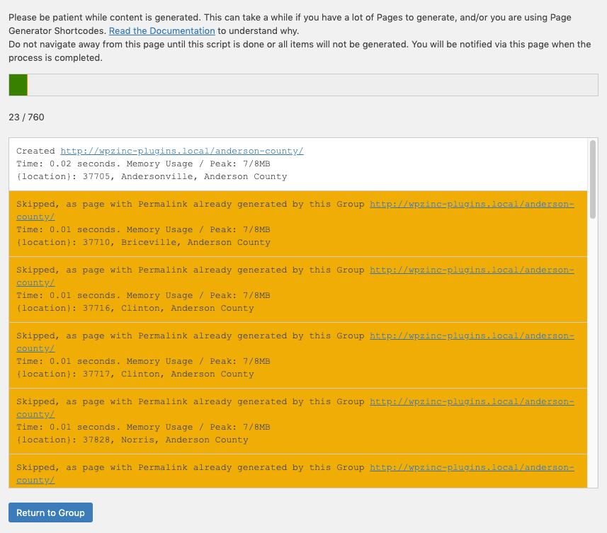 Page Generator Pro: Tutorial: Counties: Generate Log