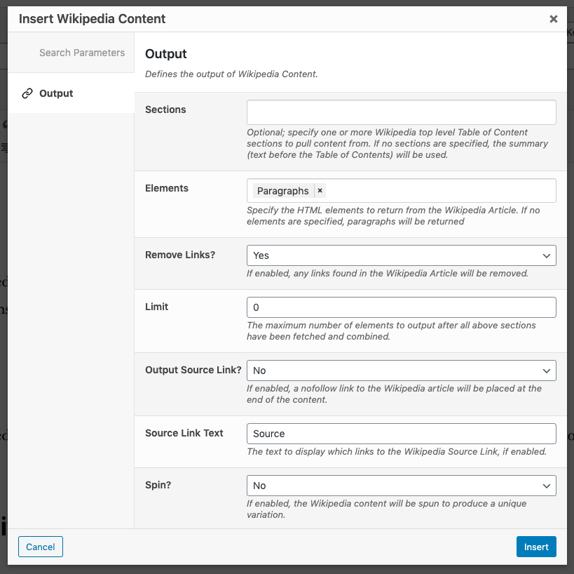 Page Generator Pro: Dynamic Elements: Wikipedia: Output