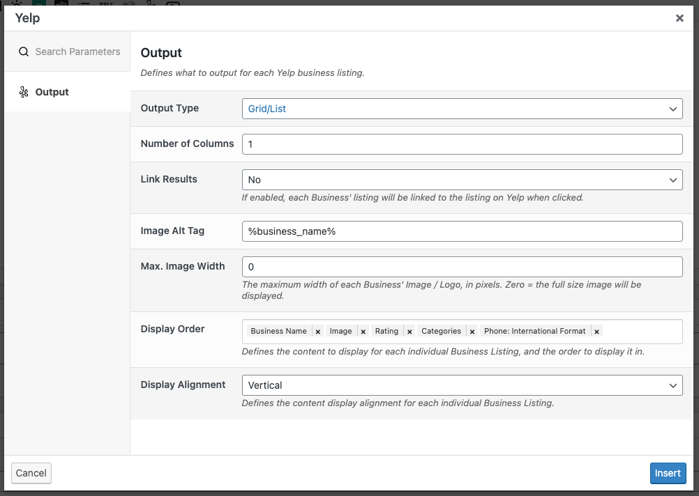 Page Generator Pro: Dynamic Elements: Yelp: Configuration: Output