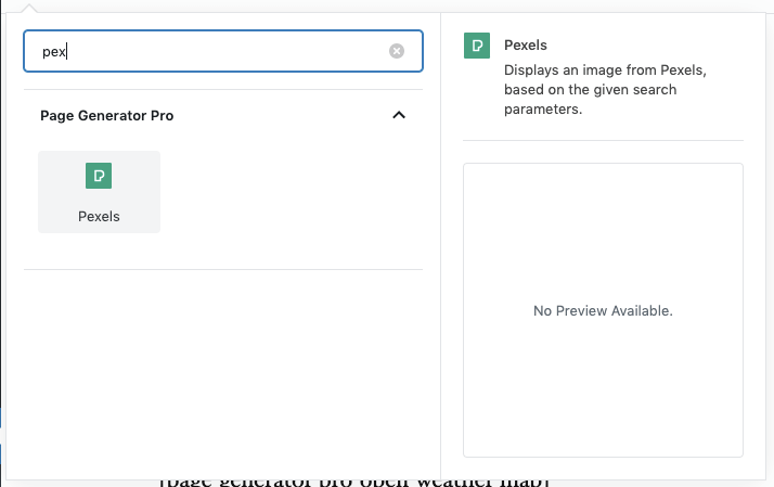 Page Generator Pro: Generate: Dynamic Elements: Pexels: Search Blocks