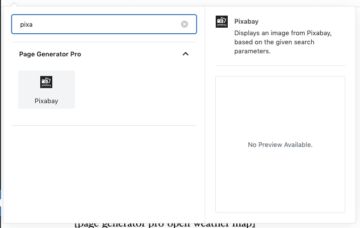 Page Generator Pro: Generate: Dynamic Elements: Pixabay: Search Blocks