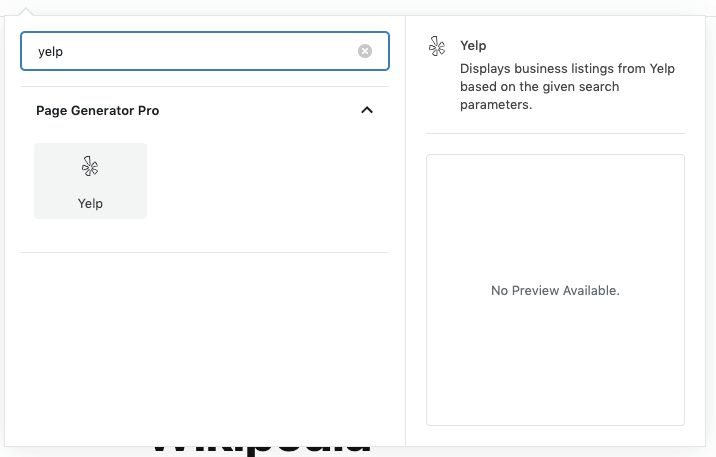 Page Generator Pro: Generate: Dynamic Elements: Yelp: Search Blocks
