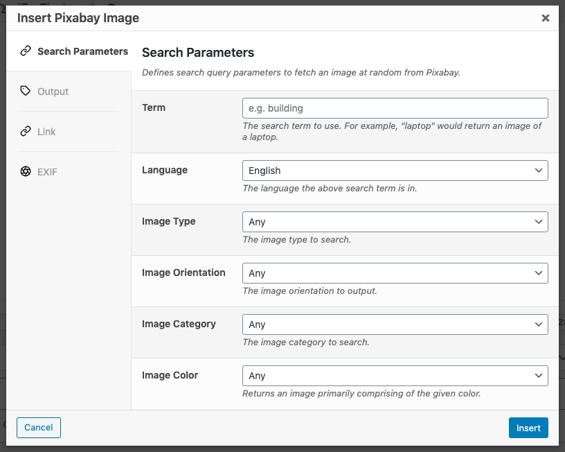 Page Generator Pro: Pixabay: Search Parameters