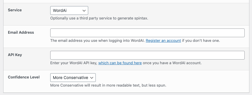 Page Generator Pro: Settings: Spintax: WordAI