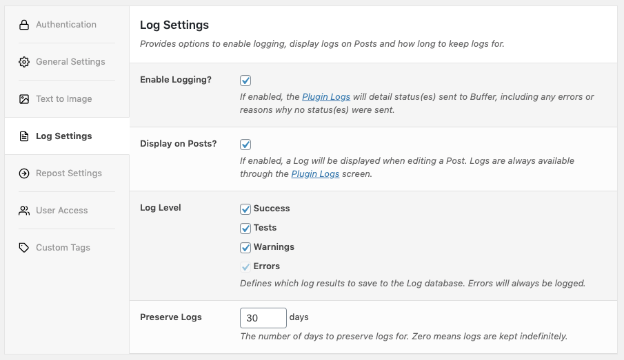 WordPress to Buffer Pro: Log Settings