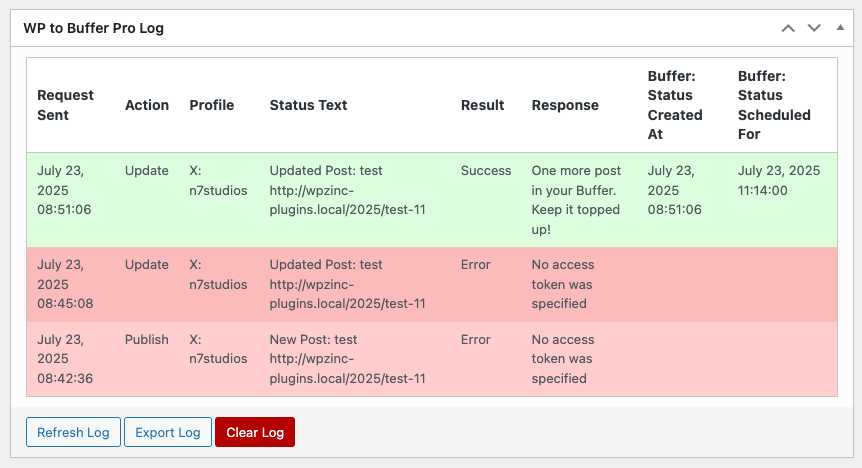 WordPress to Buffer Pro: Post Log