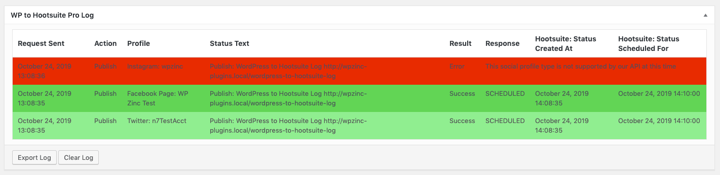 WordPress to Hootsuite Pro: Post Log