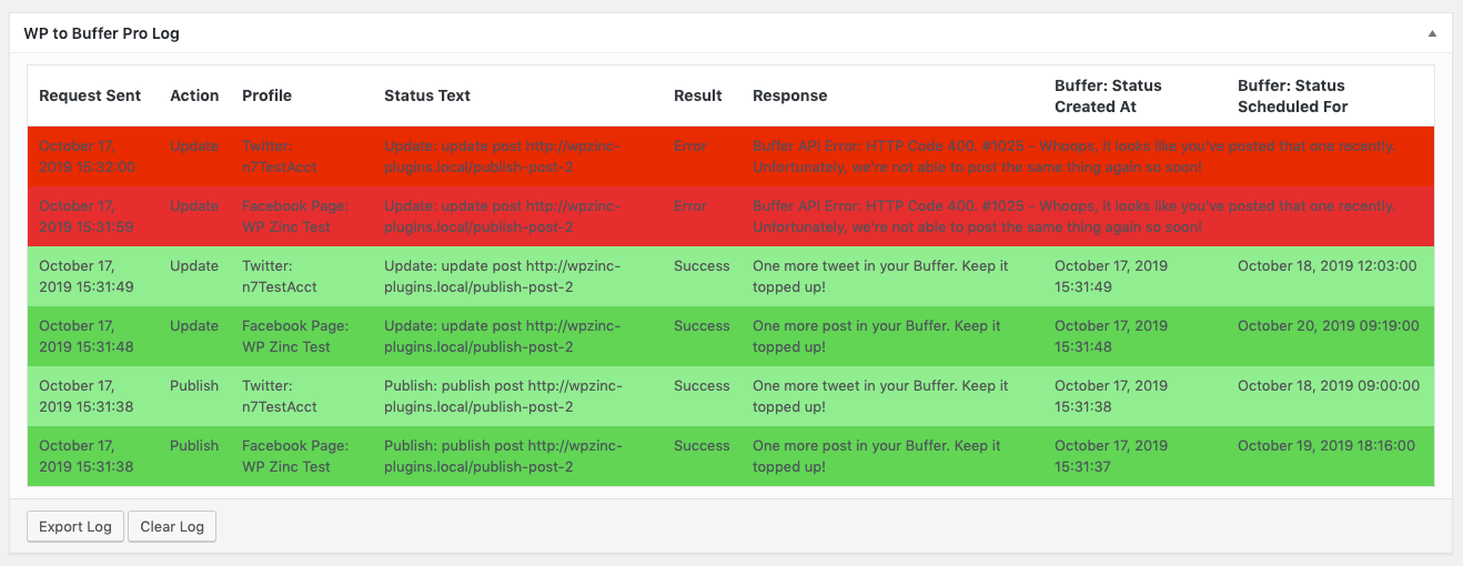 WordPress to Buffer Pro: Logs: Post