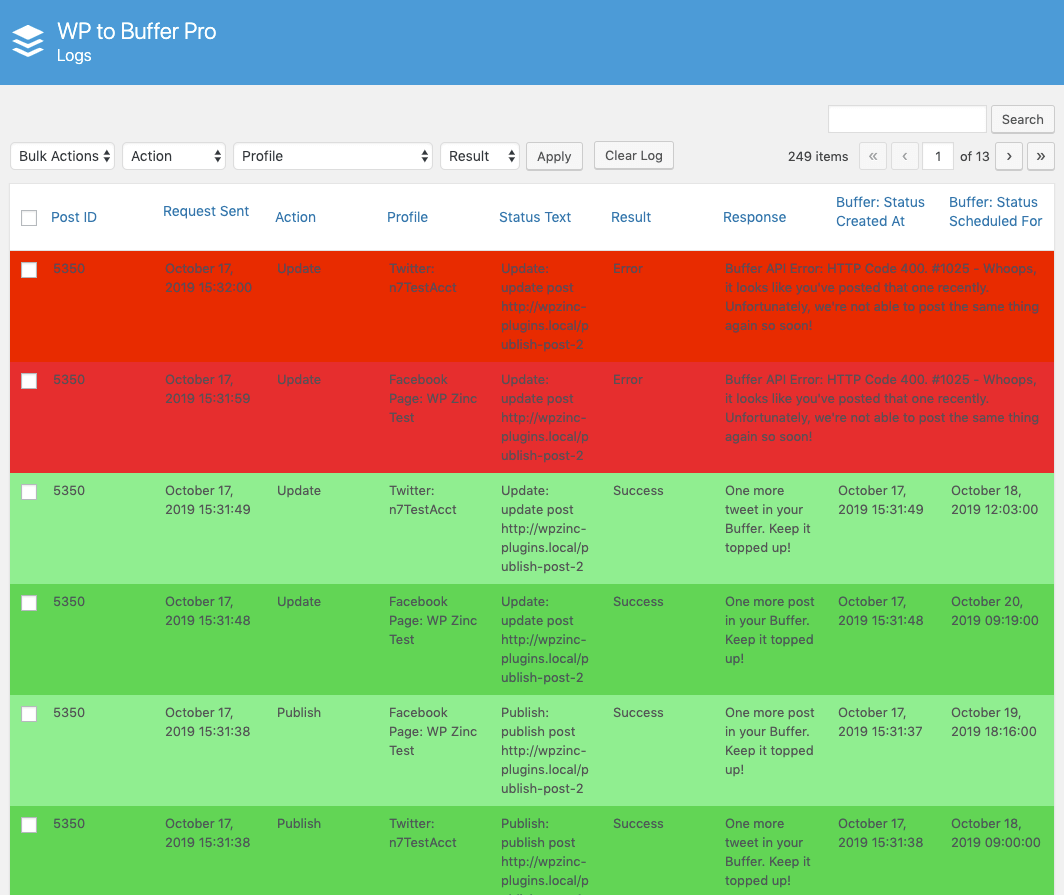 WordPress to Buffer Pro: Logs: Table