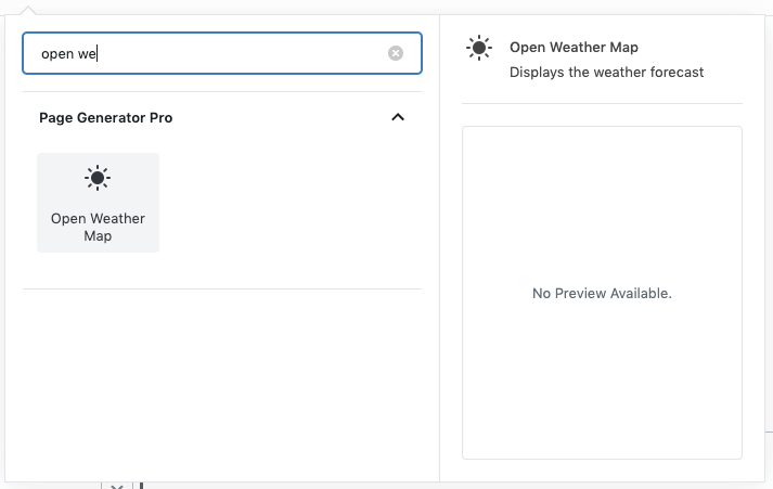 Page Generator Pro: Generate: Dynamic Elements: Open Weather Map: Search Blocks